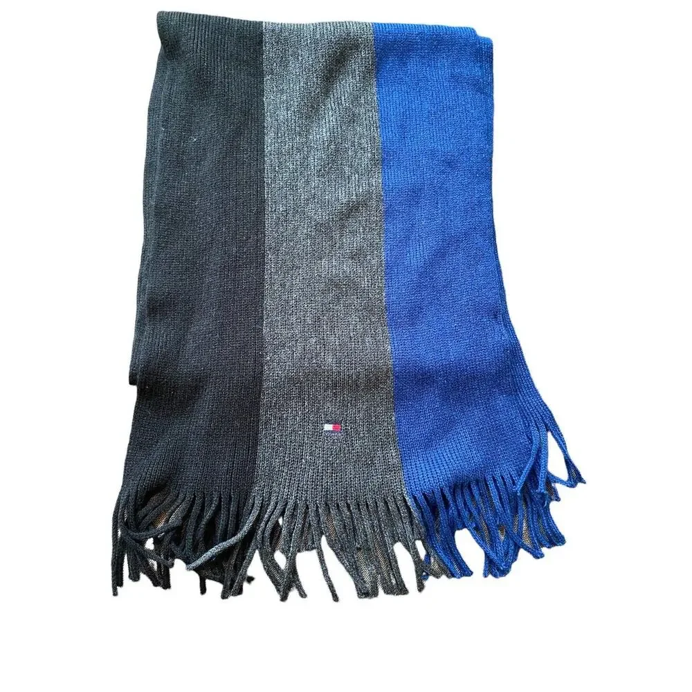 Tommy Hilfiger Stripe Scarf Fringe Men Wide Blue Gray Black